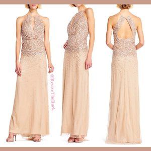 NWT Adrianna Papell Beaded Halter KeyHole Back Gown in‎ Champagne [SZ 2 ]